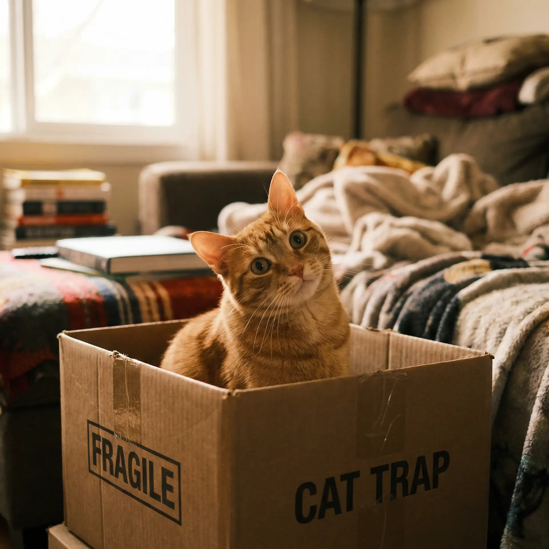 橘猫躲在纸箱里 - 小东西 你喷的到处都是